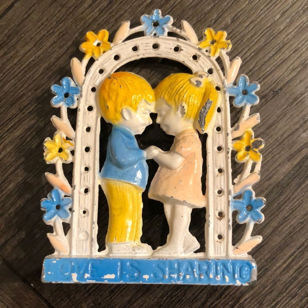 Vintage Retro Revere Mfg Metal Earring Holder Stand "Love Is Sharing"